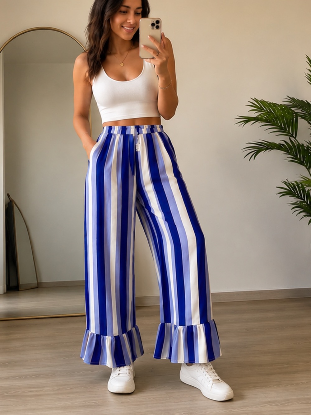 Baum and Pferdgarten Blue & White Striped Ruffle-Hem Wide Leg Silk Pants Size 38